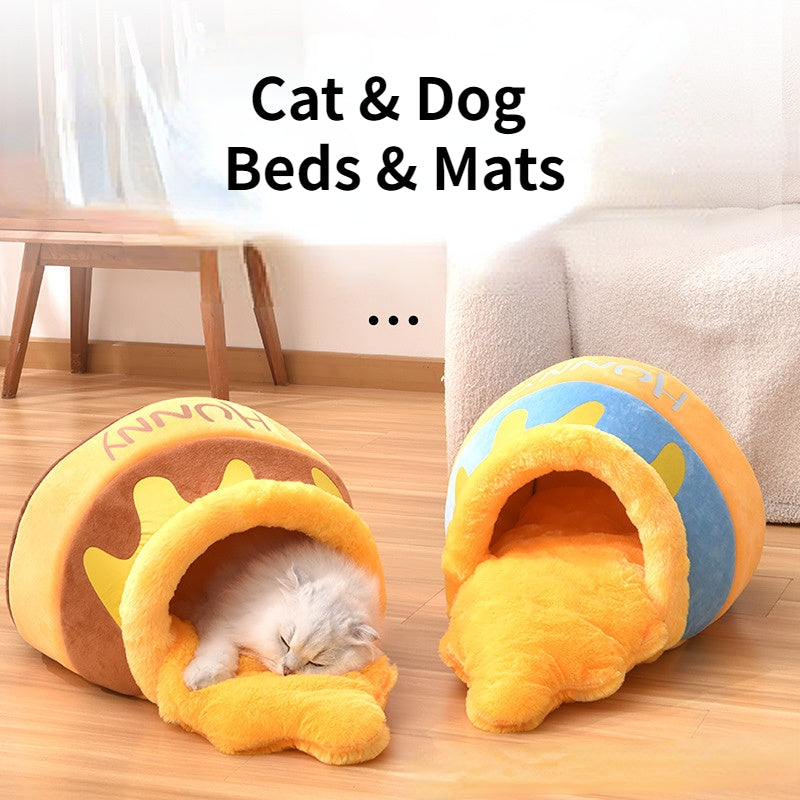 Camas de pelúcia para gatos e cães, tapetes de dormir inverno, quente, estilo desenhos animados pote de mel